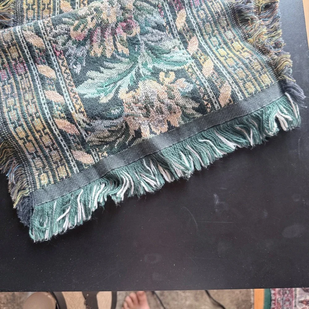 Goodwin Weavers Table Runner 14x52 Green Excellent Woven Floral Tapestry